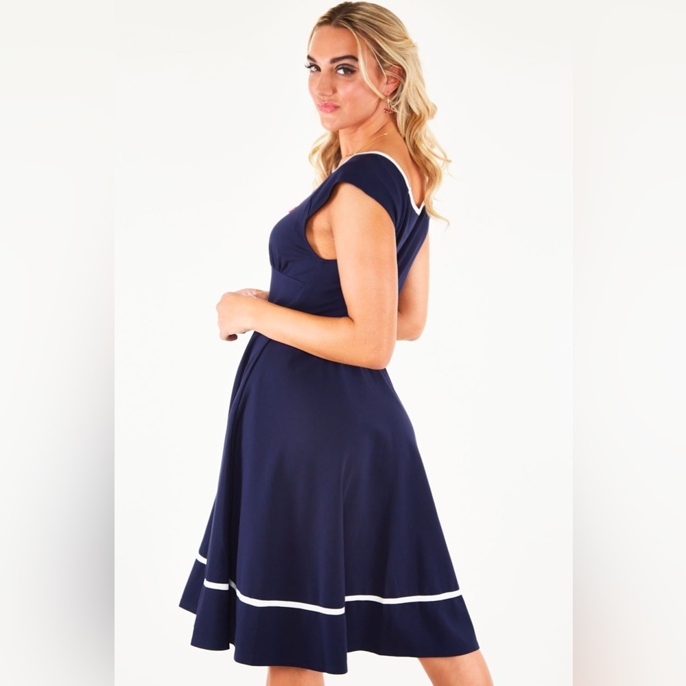 Voodoo Vixen Nautical Dress Bow Fit & Flare Sailor 50’s Navy Midi Womans Size 6 - Picture 2 of 11